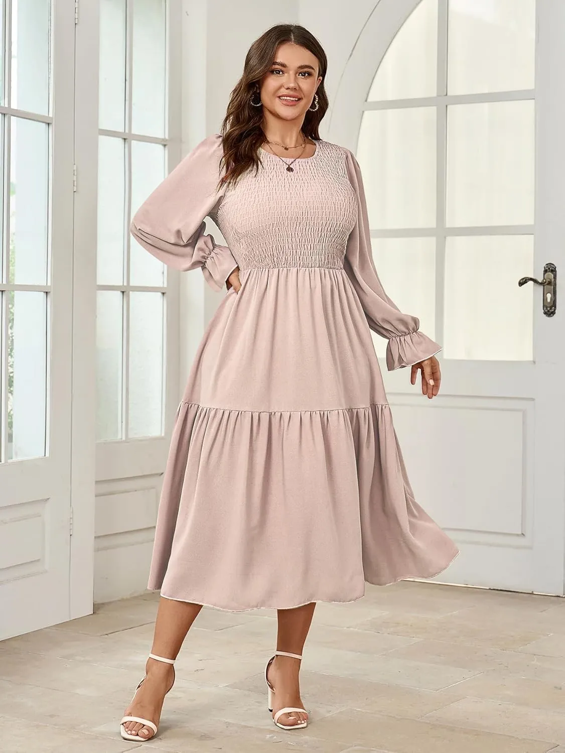 Women's Plus Size Dress Long Sleeve Crewneck Smocked Tiered Flowy Boho Wedding Party Maxi Dresses