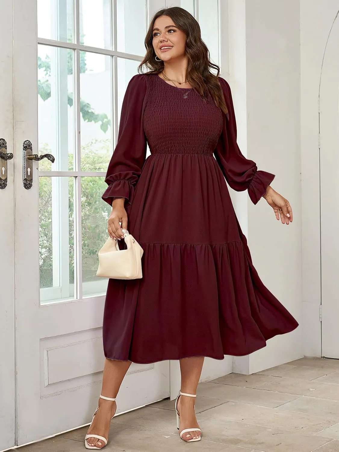 Women's Plus Size Dress Long Sleeve Crewneck Smocked Tiered Flowy Boho Wedding Party Maxi Dresses