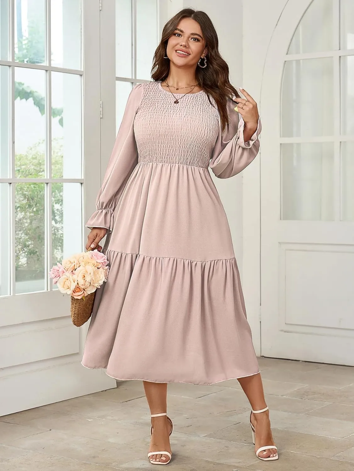 Women's Plus Size Dress Long Sleeve Crewneck Smocked Tiered Flowy Boho Wedding Party Maxi Dresses