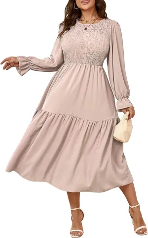 Women's Plus Size Dress Long Sleeve Crewneck Smocked Tiered Flowy Boho Wedding Party Maxi Dresses