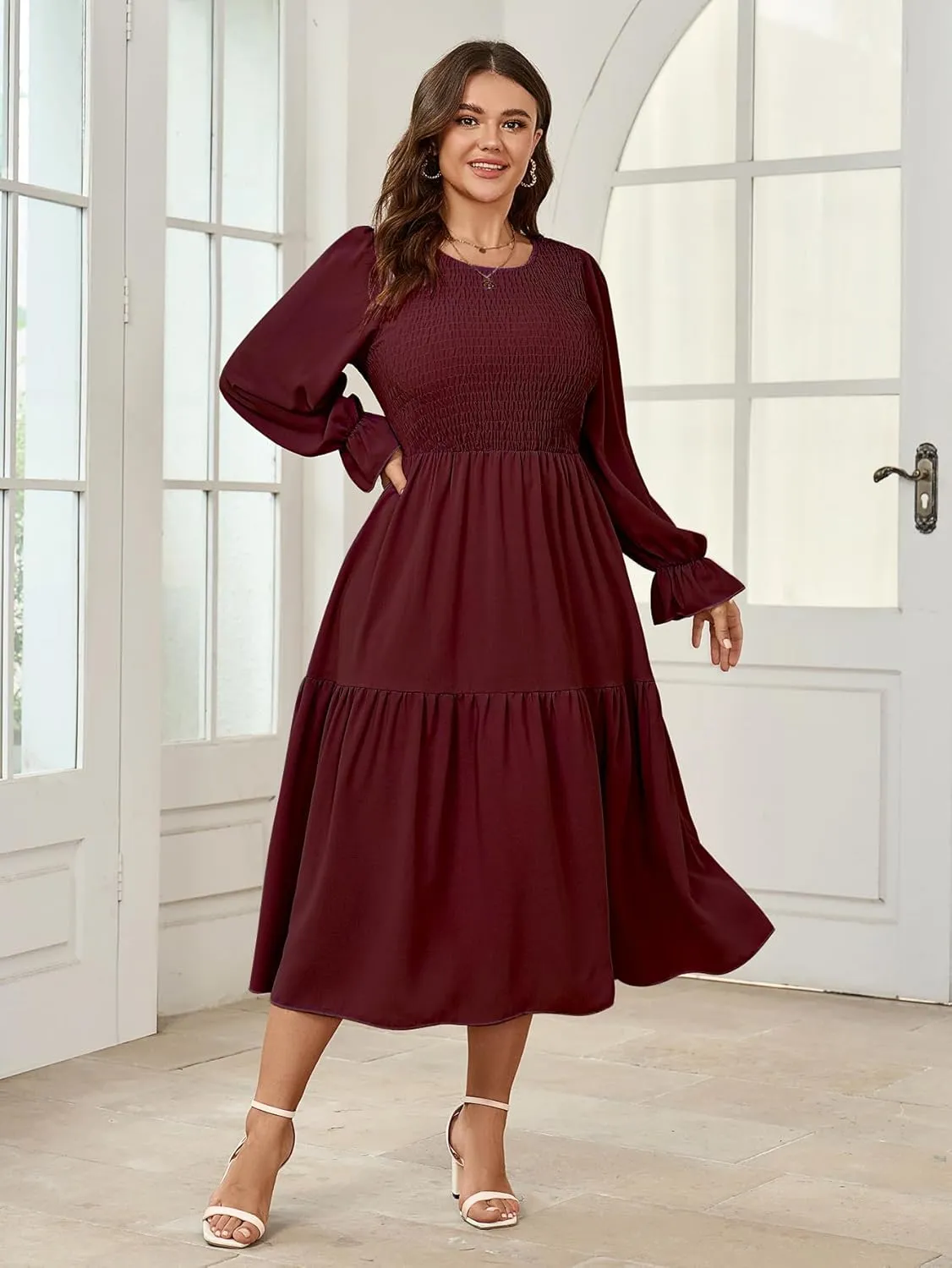 Women's Plus Size Dress Long Sleeve Crewneck Smocked Tiered Flowy Boho Wedding Party Maxi Dresses