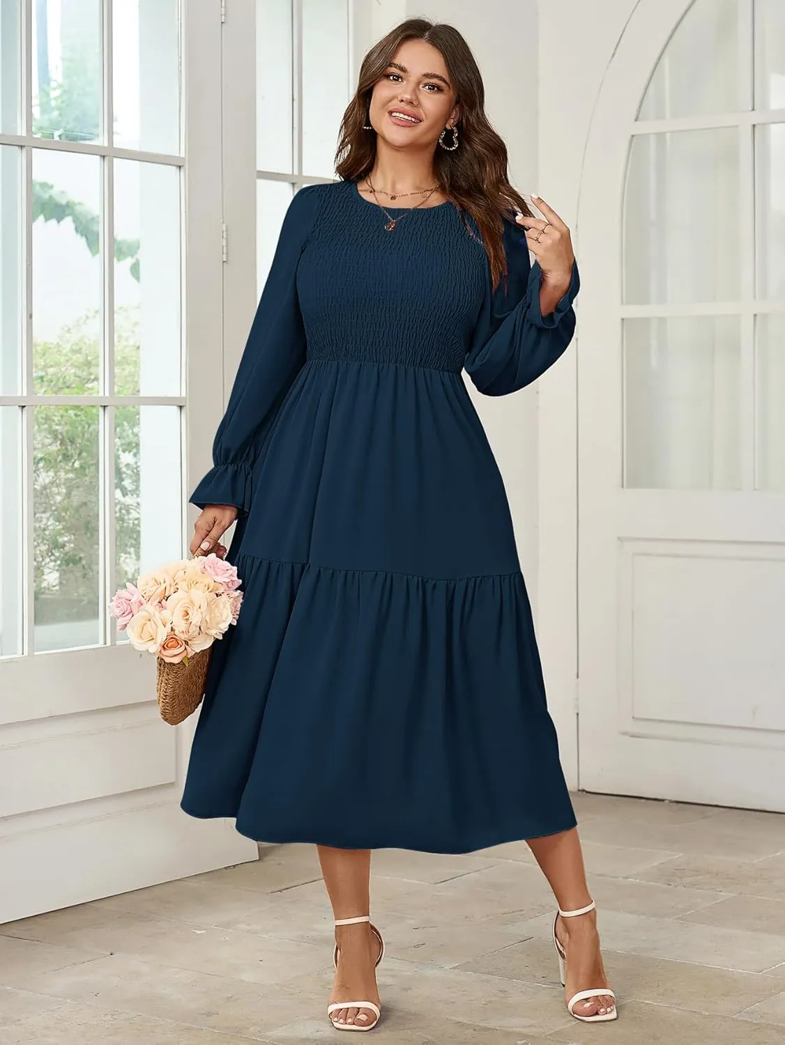 Women's Plus Size Dress Long Sleeve Crewneck Smocked Tiered Flowy Boho Wedding Party Maxi Dresses