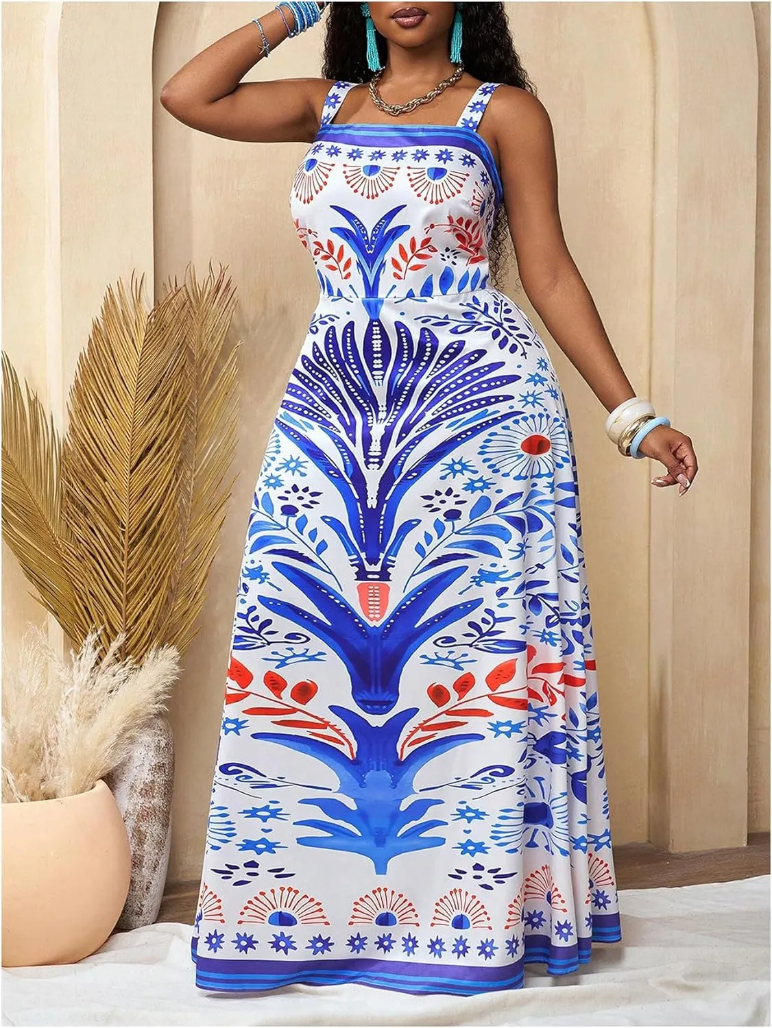 Women's Plus Size Floral Maxi Dress Sleeveless High Waisted Summer Flowy Cami Dresses