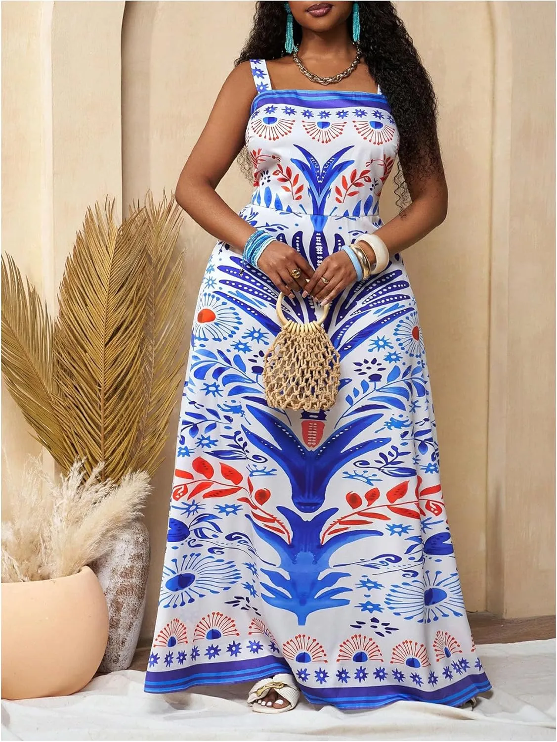Women's Plus Size Floral Maxi Dress Sleeveless High Waisted Summer Flowy Cami Dresses
