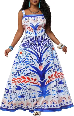 Women's Plus Size Floral Maxi Dress Sleeveless High Waisted Summer Flowy Cami Dresses