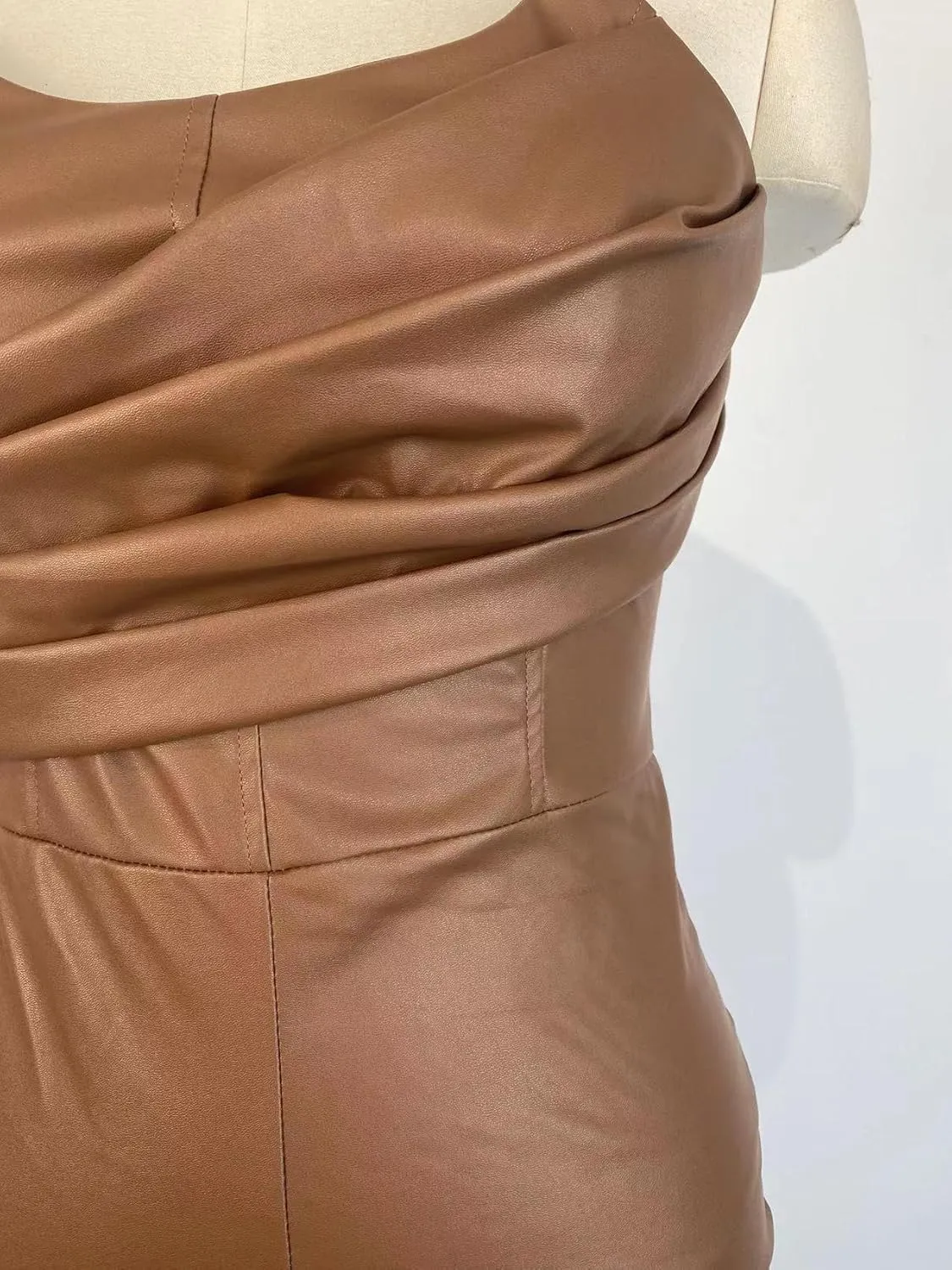Womens PU Leather Jumpsuit Sexy Off the Shoulder Top Tight Zipper Slim Bodycon Long Pants Jumpsuit