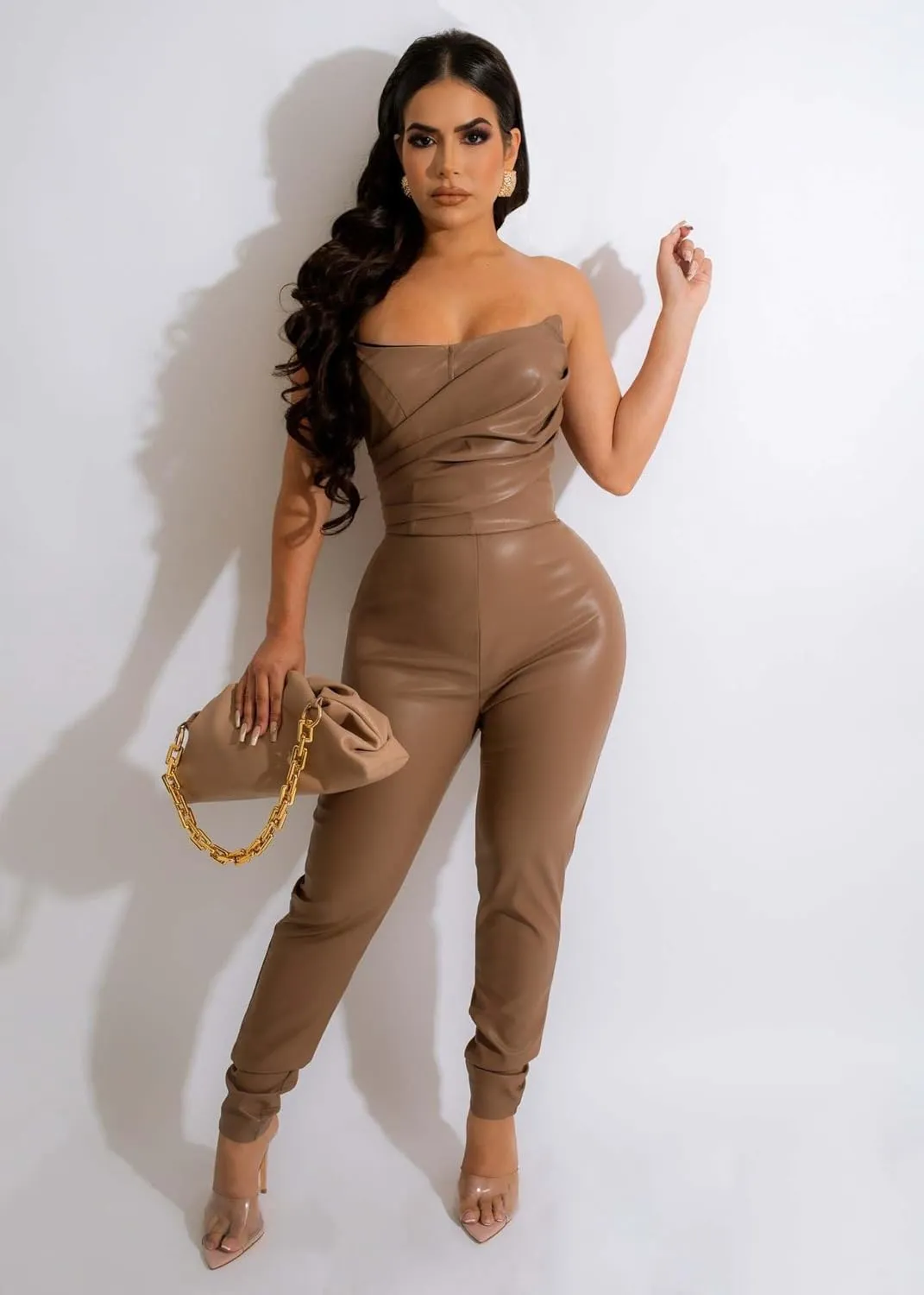 Womens PU Leather Jumpsuit Sexy Off the Shoulder Top Tight Zipper Slim Bodycon Long Pants Jumpsuit