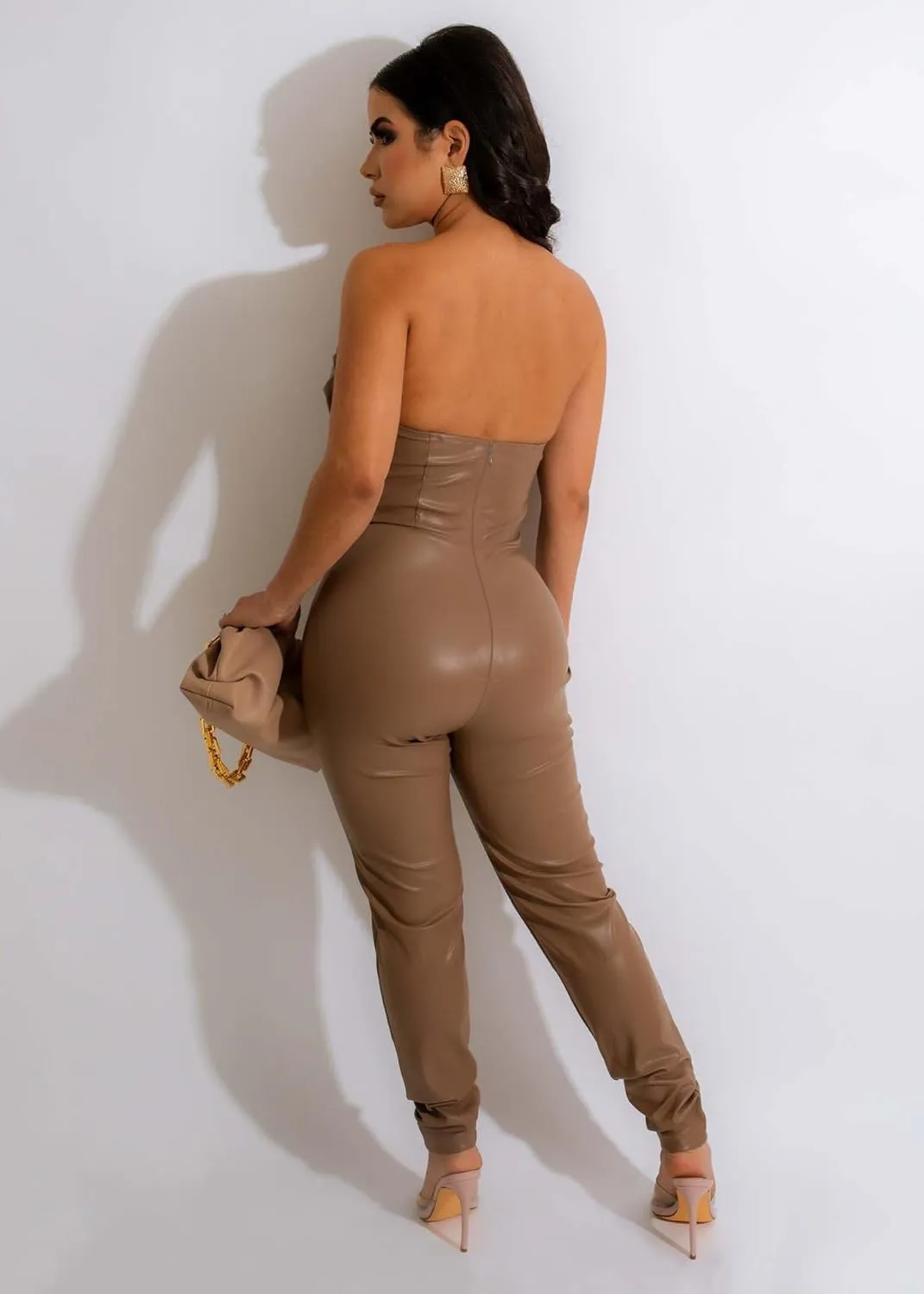 Womens PU Leather Jumpsuit Sexy Off the Shoulder Top Tight Zipper Slim Bodycon Long Pants Jumpsuit