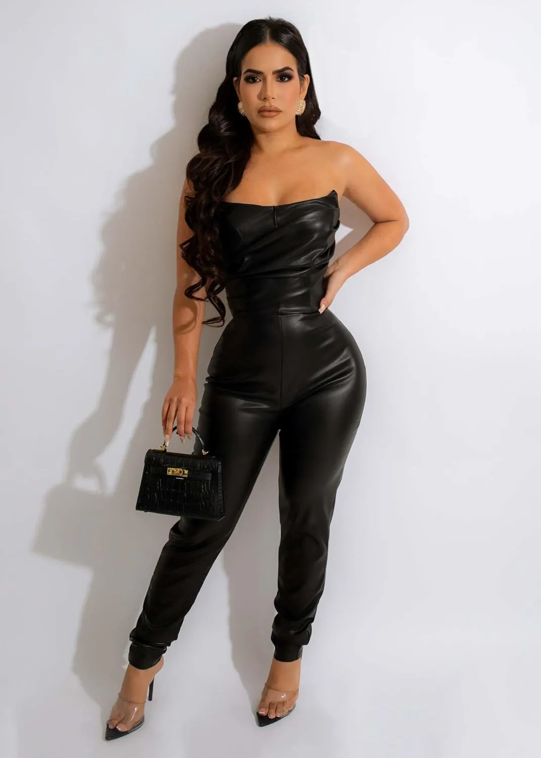 Womens PU Leather Jumpsuit Sexy Off the Shoulder Top Tight Zipper Slim Bodycon Long Pants Jumpsuit