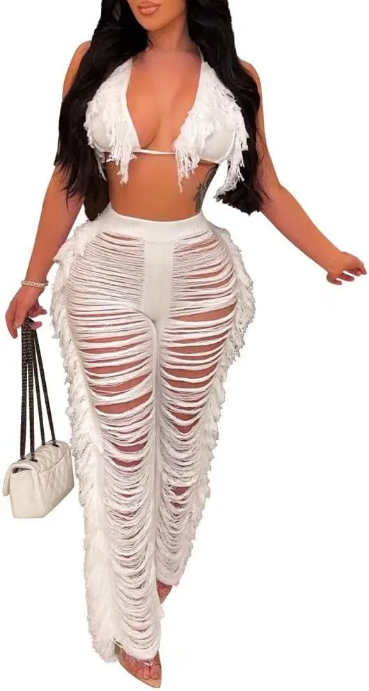 Womens Sexy 2 Piece Outfits Hollow Out Halter Bra top Tassel Long Pants Set Beachwear