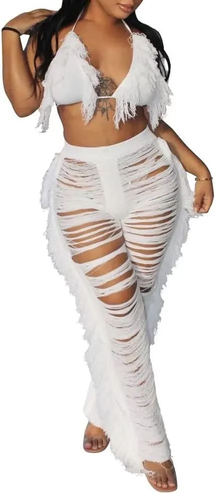 Womens Sexy 2 Piece Outfits Hollow Out Halter Bra top Tassel Long Pants Set Beachwear