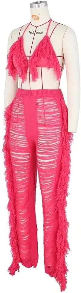 Womens Sexy 2 Piece Outfits Hollow Out Halter Bra top Tassel Long Pants Set Beachwear