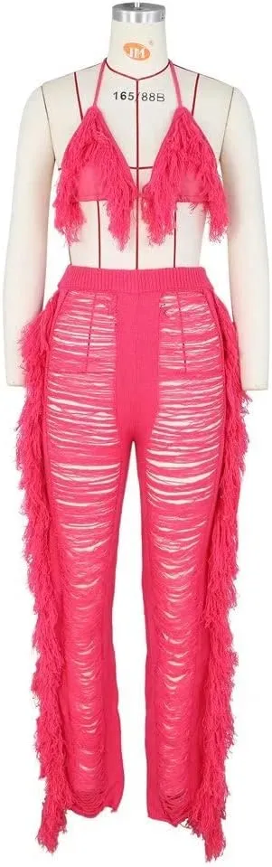 Womens Sexy 2 Piece Outfits Hollow Out Halter Bra top Tassel Long Pants Set Beachwear