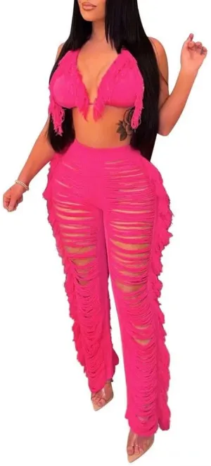 Womens Sexy 2 Piece Outfits Hollow Out Halter Bra top Tassel Long Pants Set Beachwear