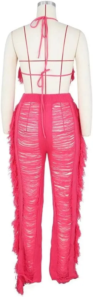 Womens Sexy 2 Piece Outfits Hollow Out Halter Bra top Tassel Long Pants Set Beachwear