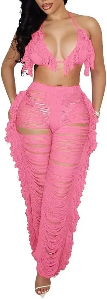 Womens Sexy 2 Piece Outfits Hollow Out Halter Bra top Tassel Long Pants Set Beachwear