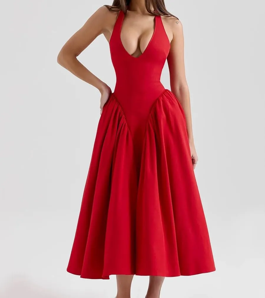 Women's Sexy Sleeveless Summer Dress Backless Deep V Neck Halter Bodycon Maxi Party Dress Beach Vacation Sundress