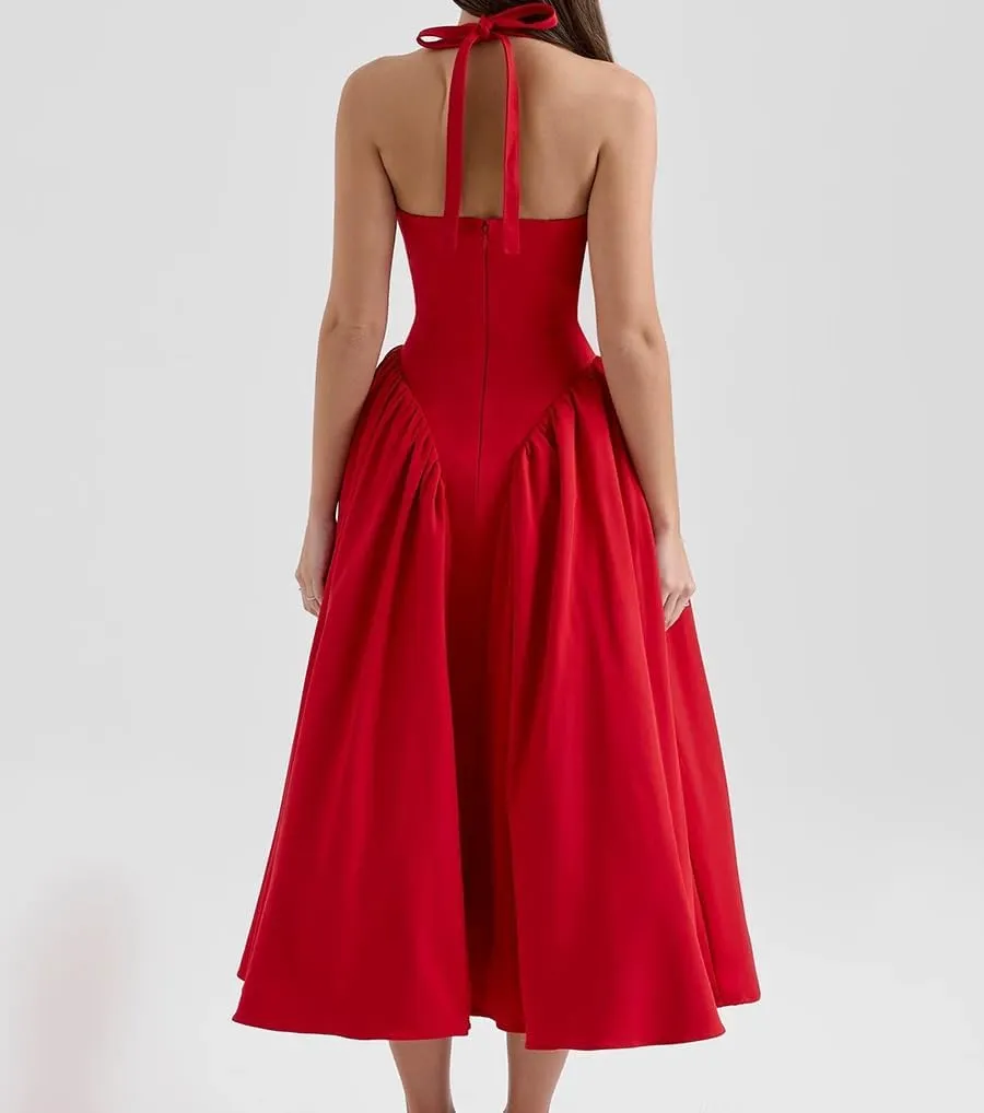 Women's Sexy Sleeveless Summer Dress Backless Deep V Neck Halter Bodycon Maxi Party Dress Beach Vacation Sundress
