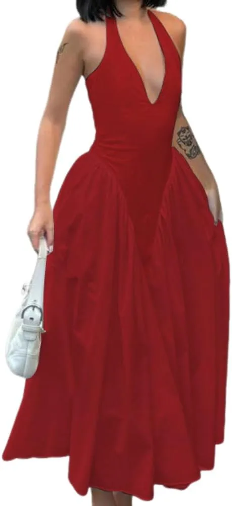 Women's Sexy Sleeveless Summer Dress Backless Deep V Neck Halter Bodycon Maxi Party Dress Beach Vacation Sundress