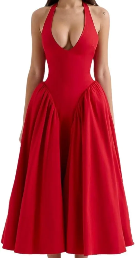 Women's Sexy Sleeveless Summer Dress Backless Deep V Neck Halter Bodycon Maxi Party Dress Beach Vacation Sundress