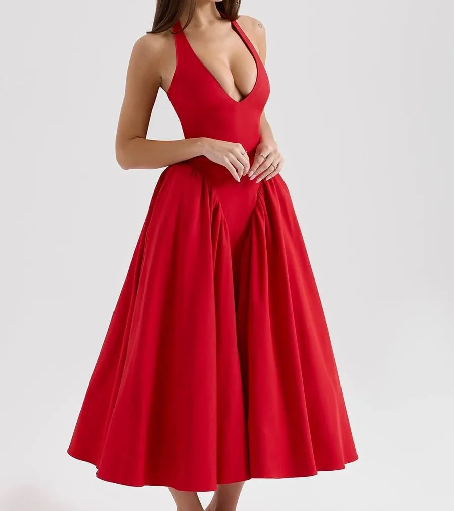 Women's Sexy Sleeveless Summer Dress Backless Deep V Neck Halter Bodycon Maxi Party Dress Beach Vacation Sundress