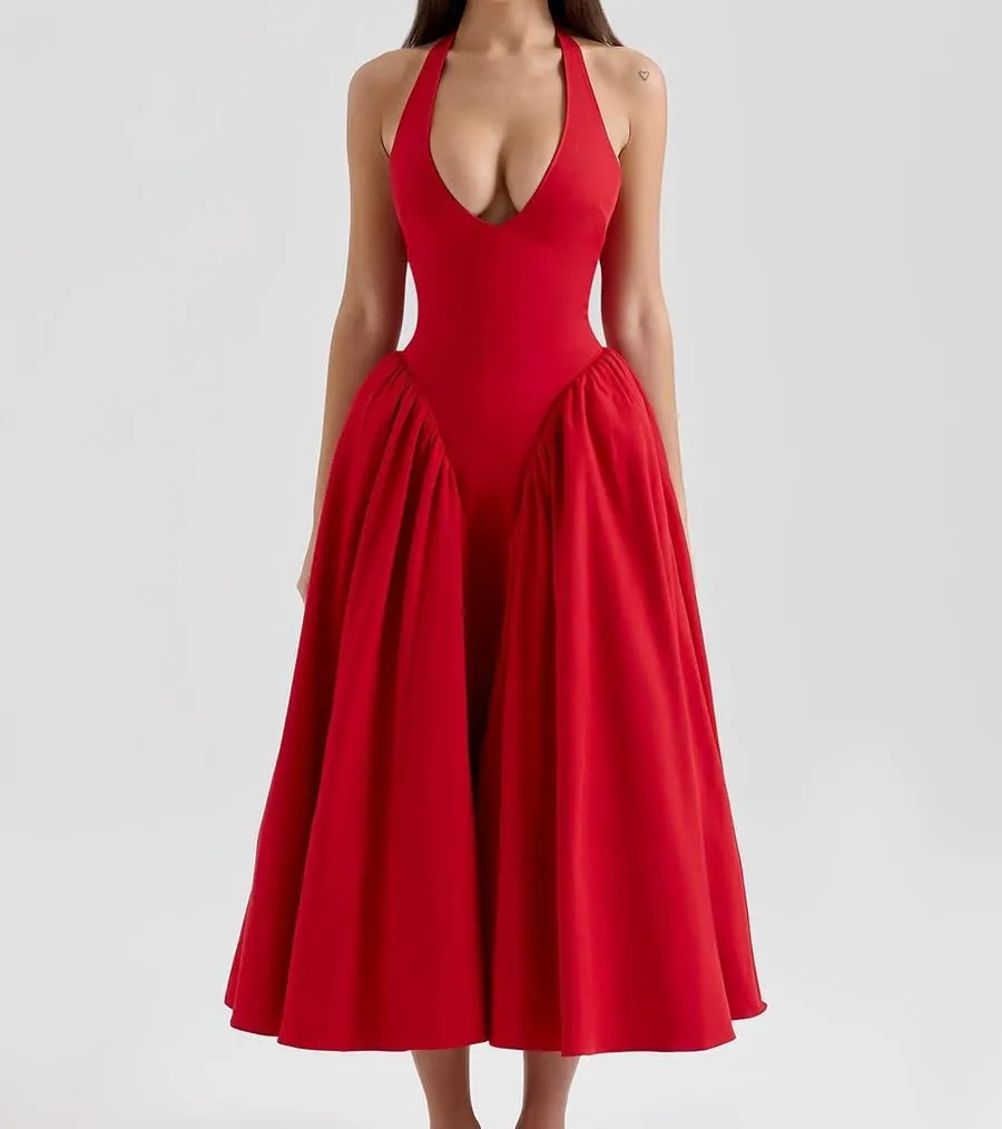 Women's Sexy Sleeveless Summer Dress Backless Deep V Neck Halter Bodycon Maxi Party Dress Beach Vacation Sundress