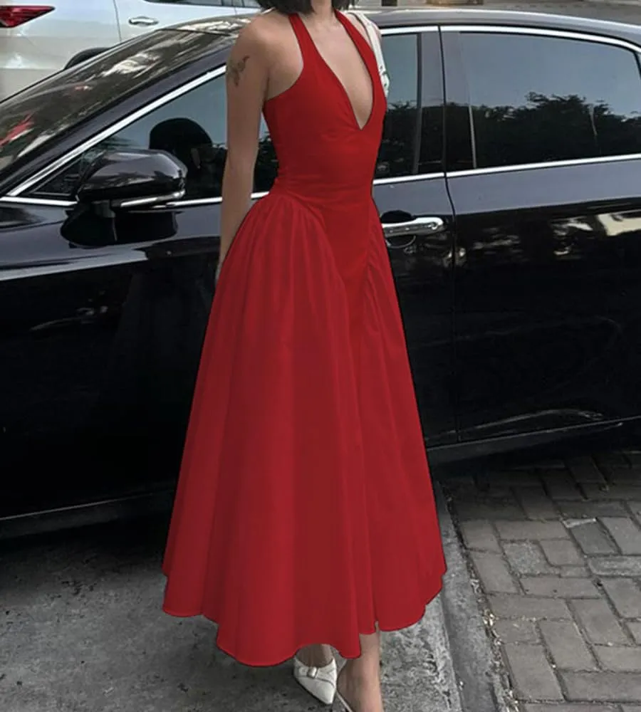 Women's Sexy Sleeveless Summer Dress Backless Deep V Neck Halter Bodycon Maxi Party Dress Beach Vacation Sundress