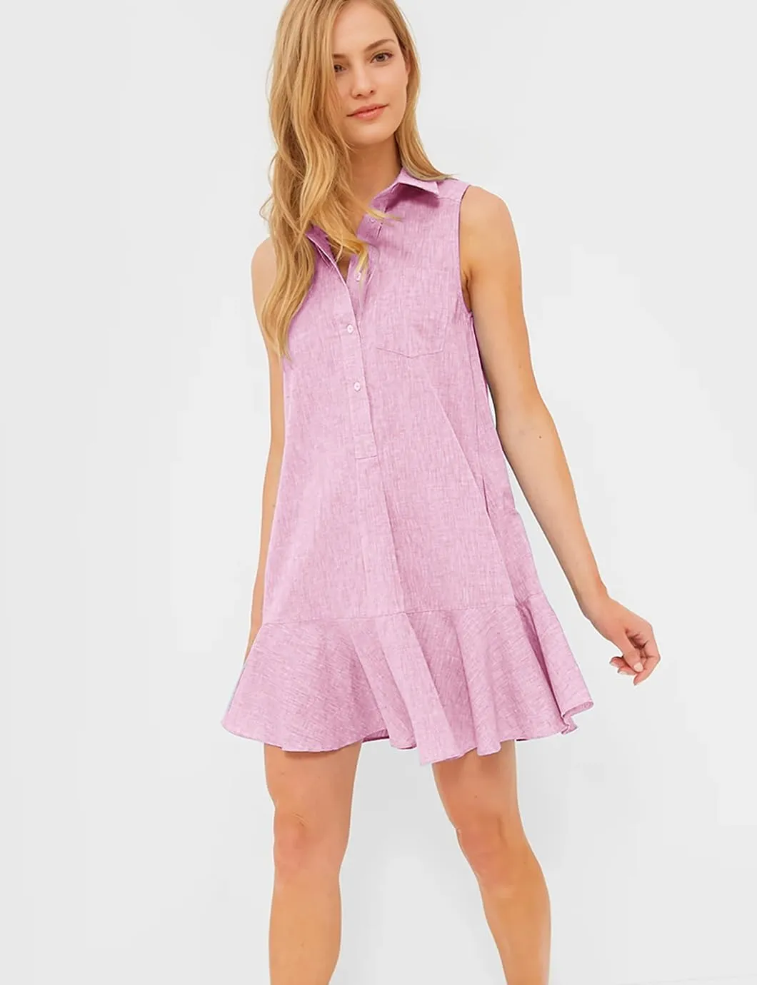 Womens Sleeveless Shirt Dress Summer Collared Button Down Ruffle Hem Tank Mini Dress