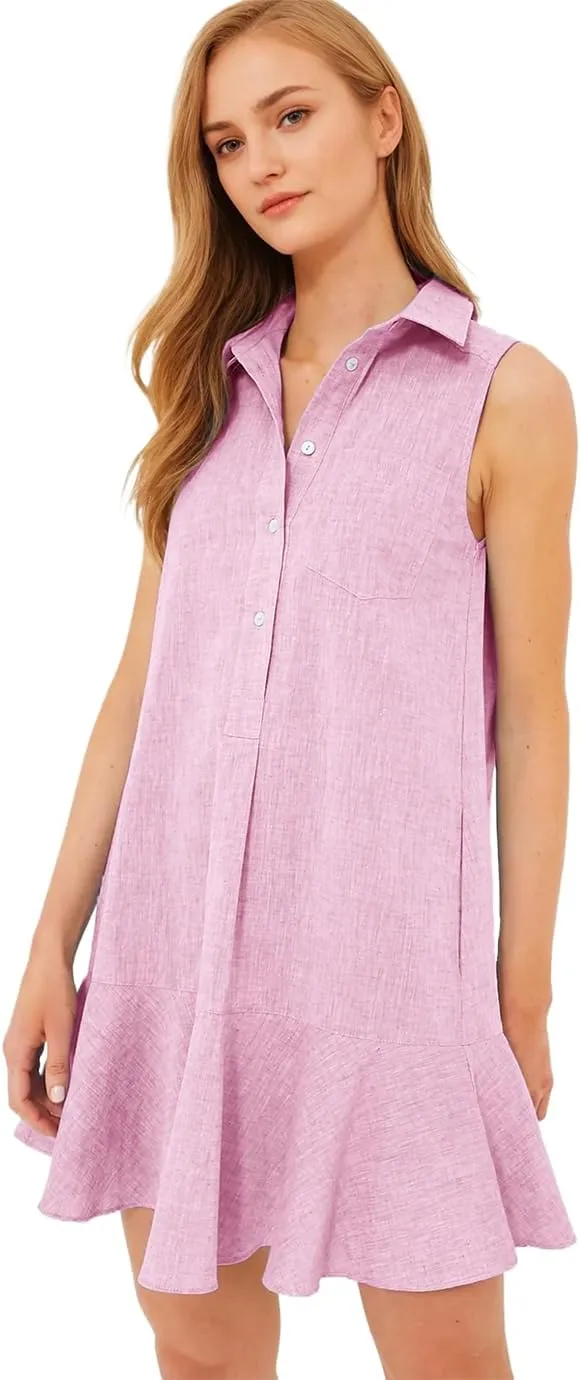 Womens Sleeveless Shirt Dress Summer Collared Button Down Ruffle Hem Tank Mini Dress
