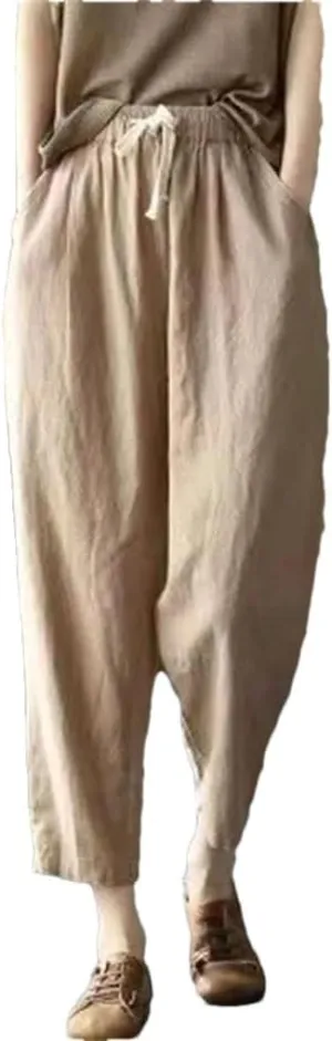 Women's Solid Color Cotton and Linen Pants Retro Loose Street Harem Casual High Waist Drawstring Pants