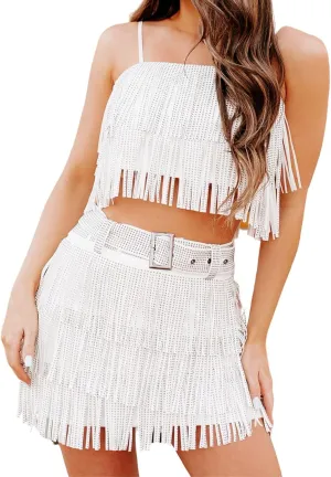 Womens Sparkle Rhinestone Fringe Skirt Sets Sleeveless Spaghetti Tank Top and Short Mini Dress 2 Piece Outfits