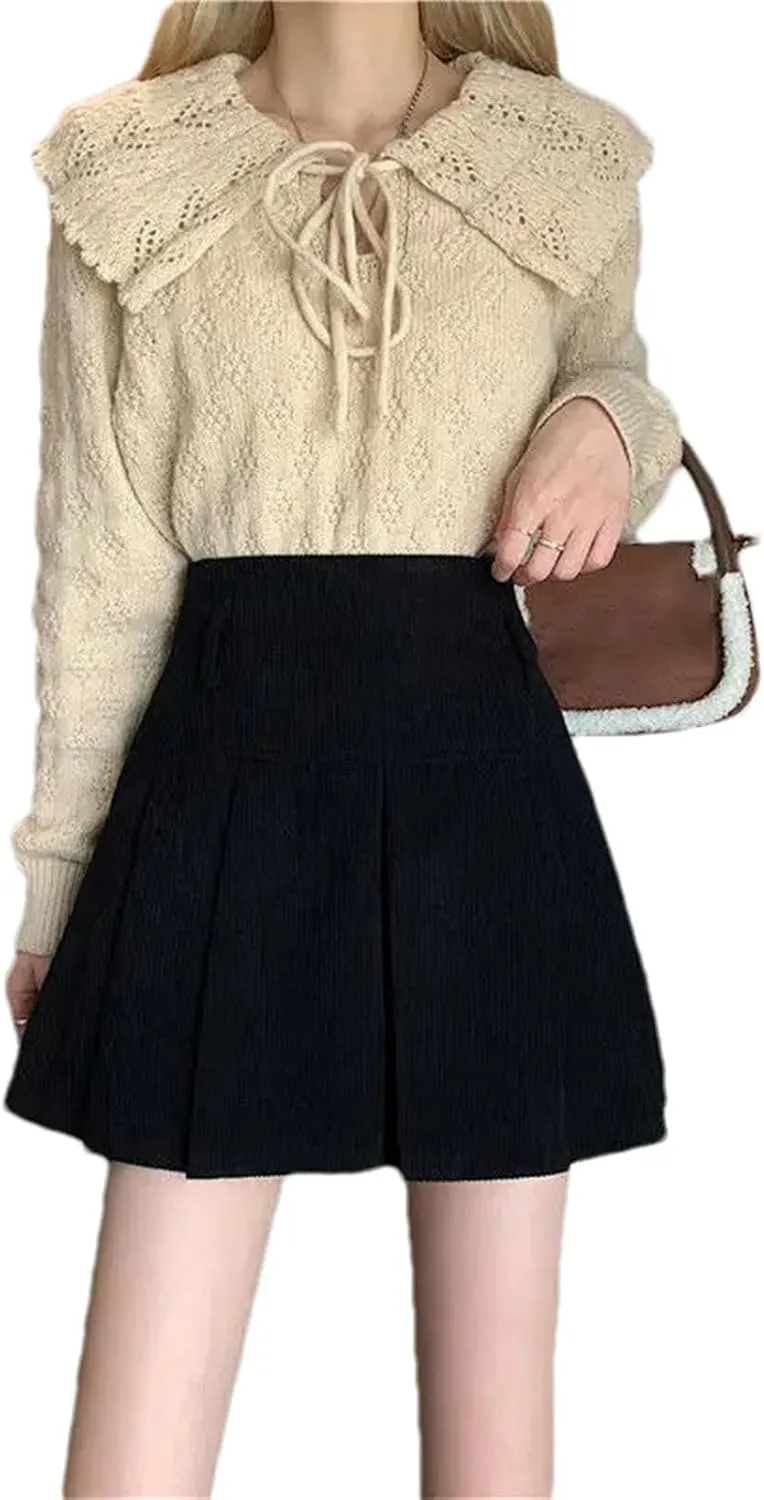 Women's Spring Summer Pleated Skirt  High Waist Corduroy Slim Fit Retro Mini School Girl Golf Skirt