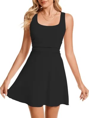 Women's Square Neck Sleeveless Bodycon Ruched Waist Mini Dress Going Out Short Party Club Dresses