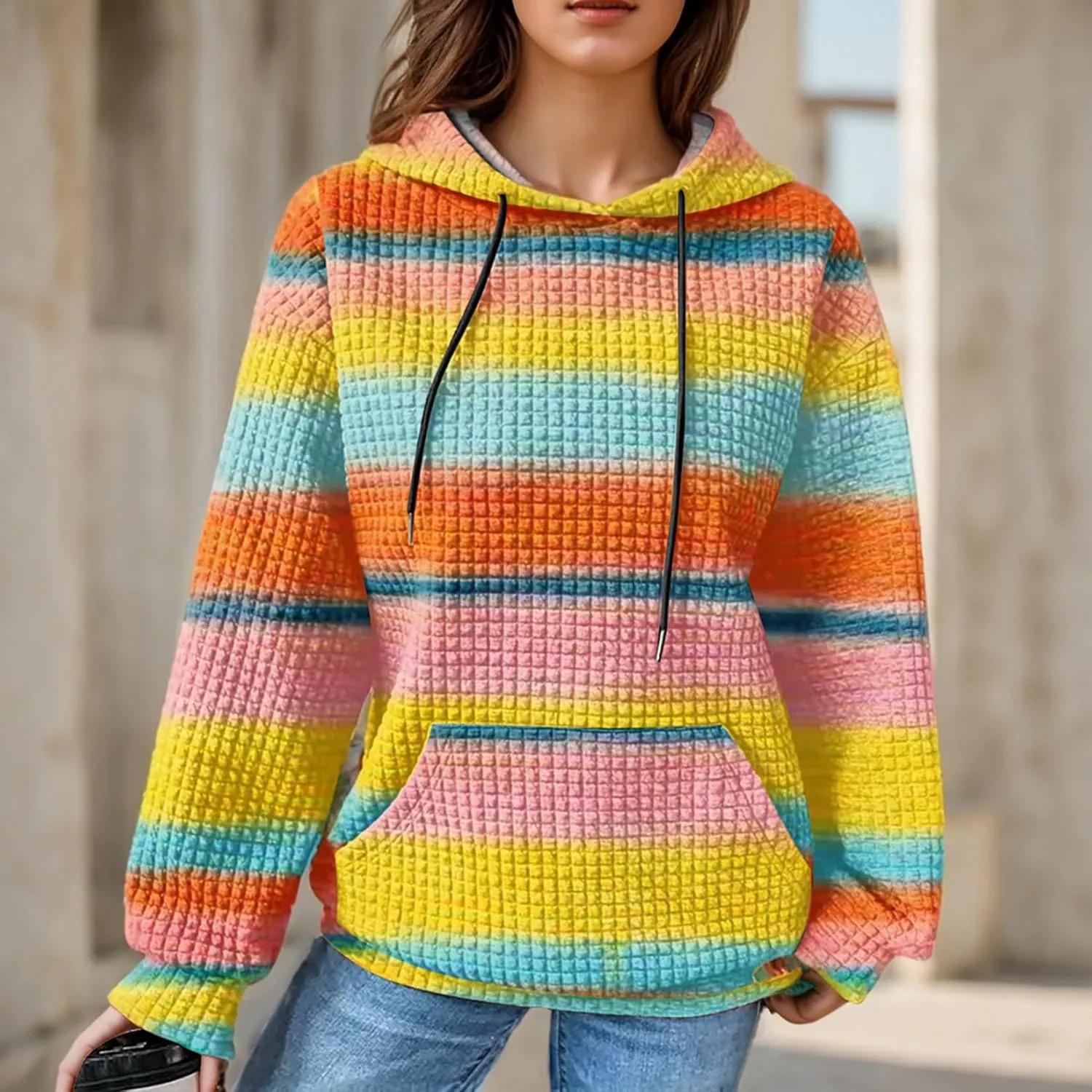 Women's Striped Oversized Hoodies Rainbow Waffle Knit Drawstring Pullover Sweatshirts Color Block Hooded Sweatshirt