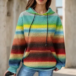 Women's Striped Oversized Hoodies Rainbow Waffle Knit Drawstring Pullover Sweatshirts Color Block Hooded Sweatshirt
