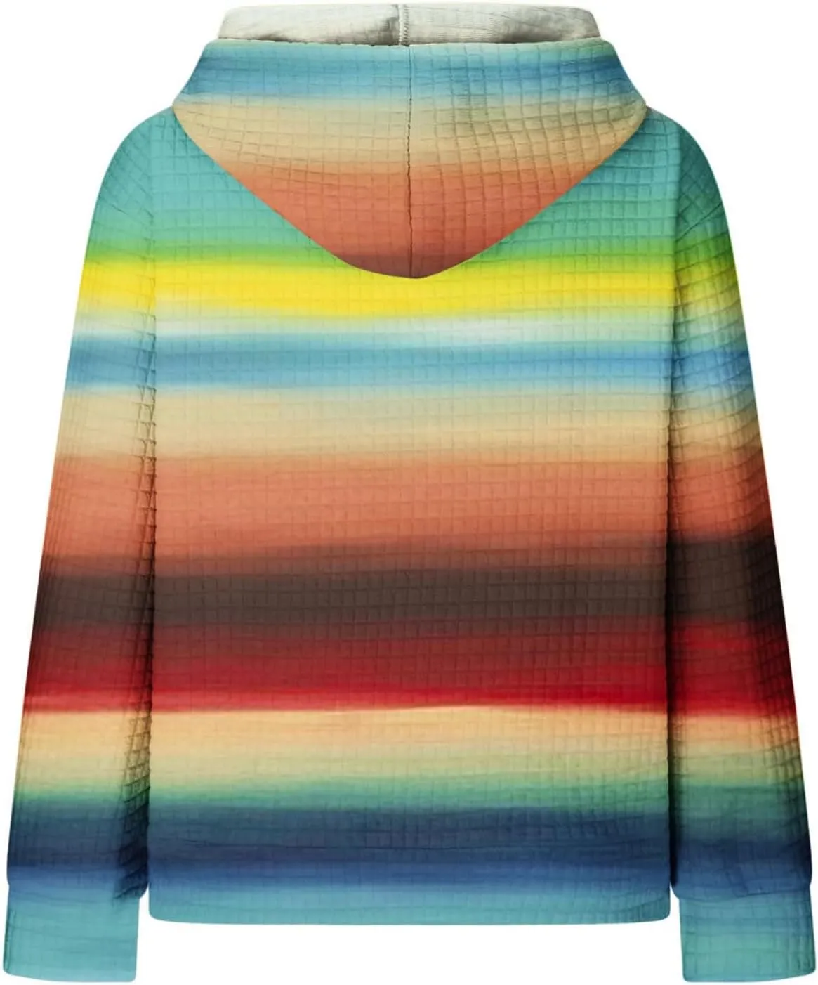 Women's Striped Oversized Hoodies Rainbow Waffle Knit Drawstring Pullover Sweatshirts Color Block Hooded Sweatshirt