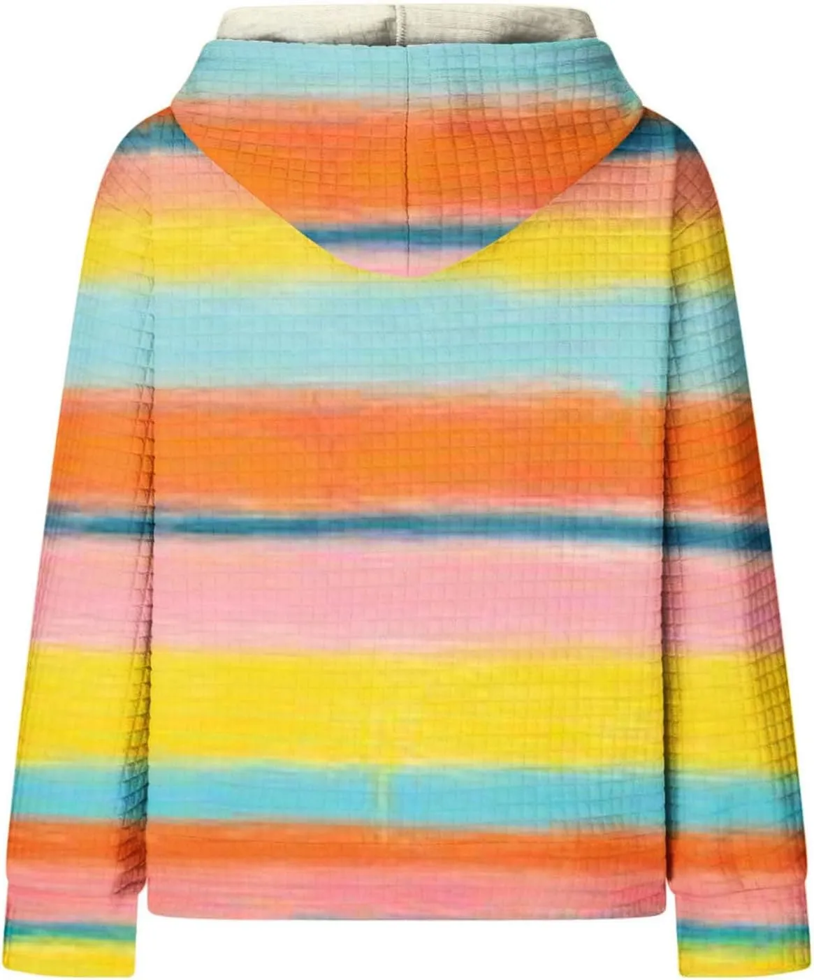 Women's Striped Oversized Hoodies Rainbow Waffle Knit Drawstring Pullover Sweatshirts Color Block Hooded Sweatshirt