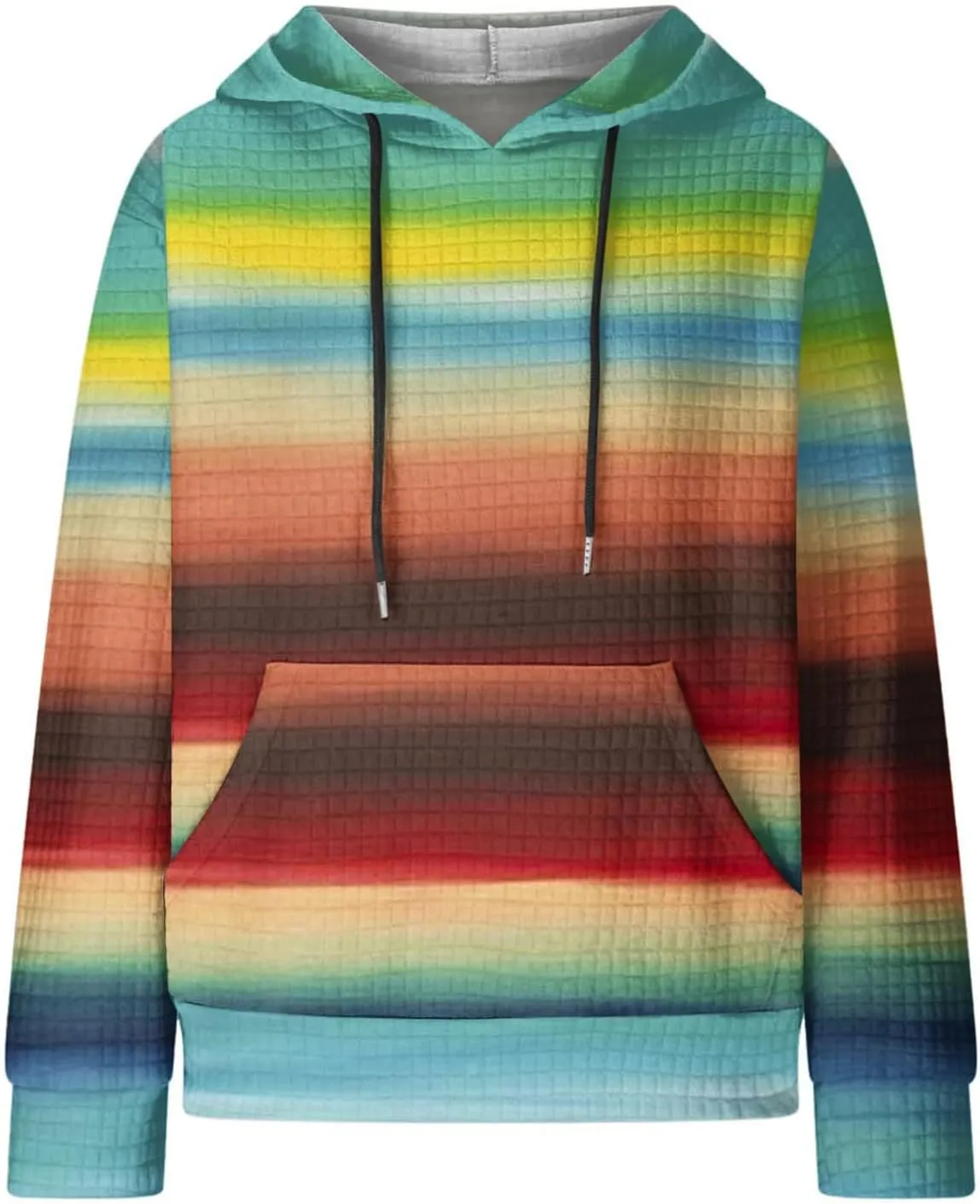 Women's Striped Oversized Hoodies Rainbow Waffle Knit Drawstring Pullover Sweatshirts Color Block Hooded Sweatshirt
