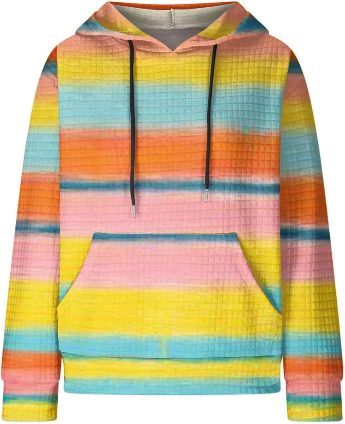 Women's Striped Oversized Hoodies Rainbow Waffle Knit Drawstring Pullover Sweatshirts Color Block Hooded Sweatshirt