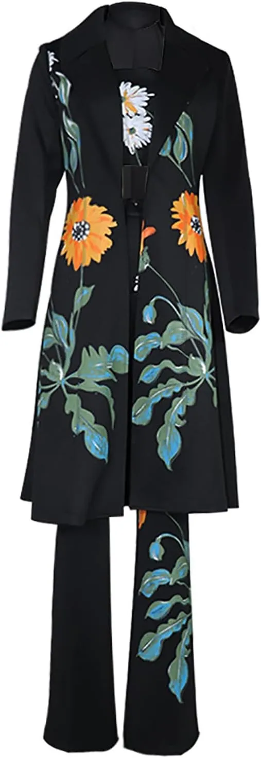 Women's Suit 3 Piece Set Fashion Floral Print Business Casual Outfits Long Blazer Jacket Matching Bras and Pants