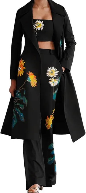 Women's Suit 3 Piece Set Fashion Floral Print Business Casual Outfits Long Blazer Jacket Matching Bras and Pants