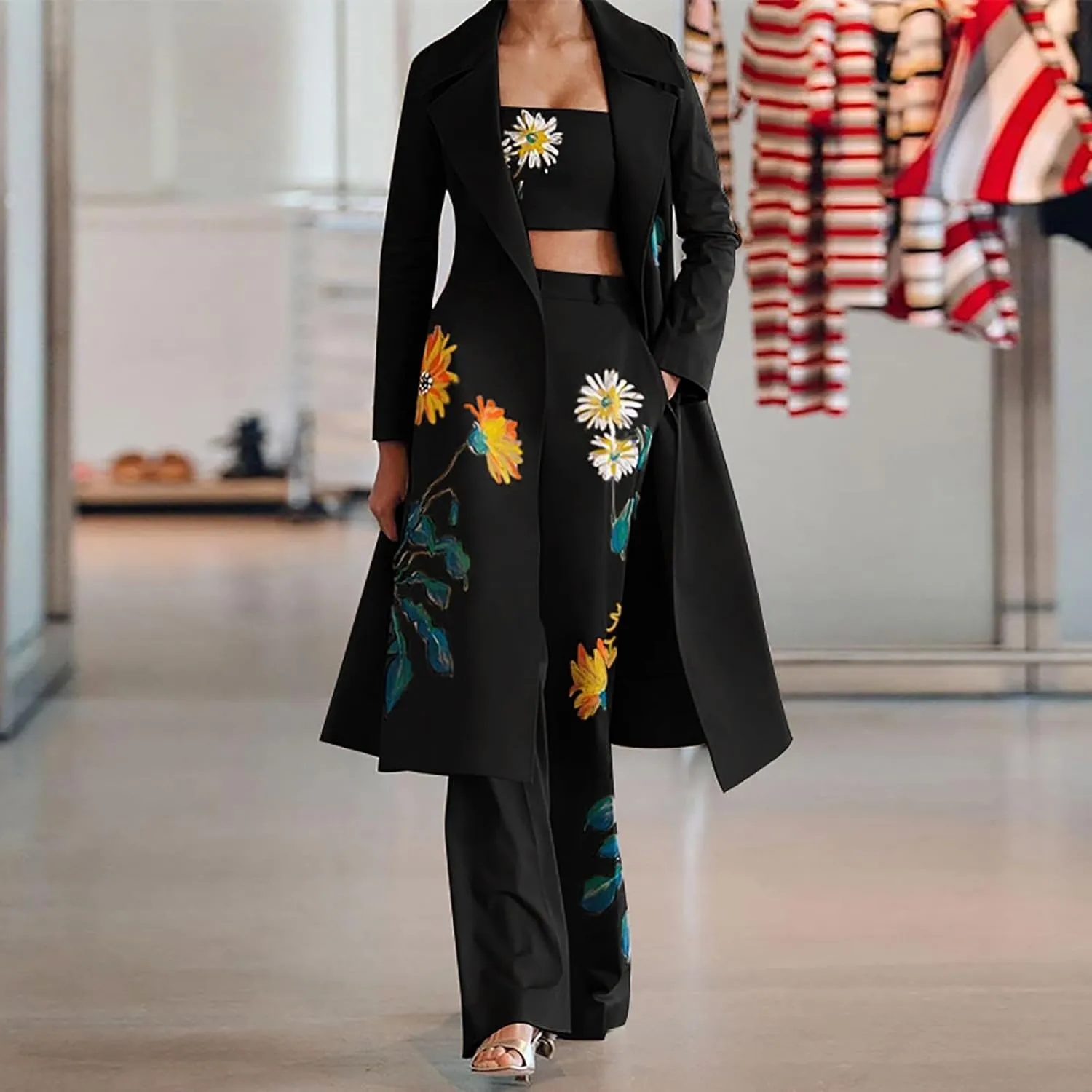 Women's Suit 3 Piece Set Fashion Floral Print Business Casual Outfits Long Blazer Jacket Matching Bras and Pants