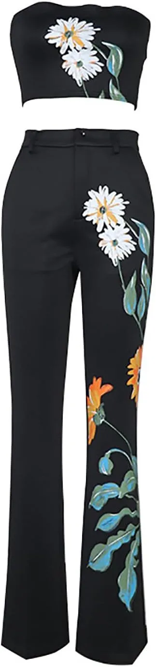 Women's Suit 3 Piece Set Fashion Floral Print Business Casual Outfits Long Blazer Jacket Matching Bras and Pants