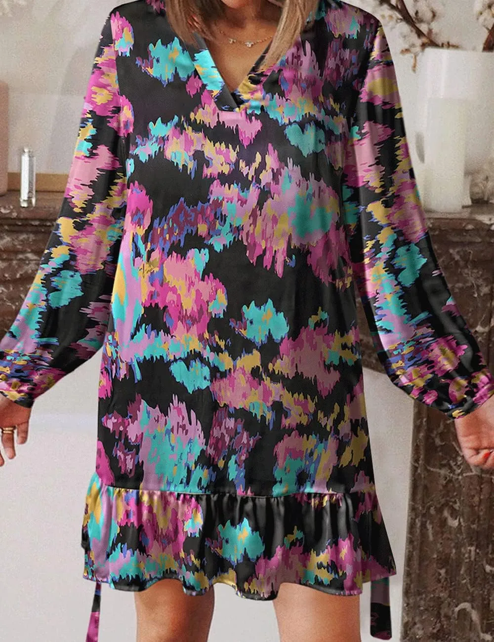 Women's Summer Bohemian Abstract Print Wrap V Neck Lantern Long Sleeve Waist Tie Ruffle Mini Swing Skater Sun Dress