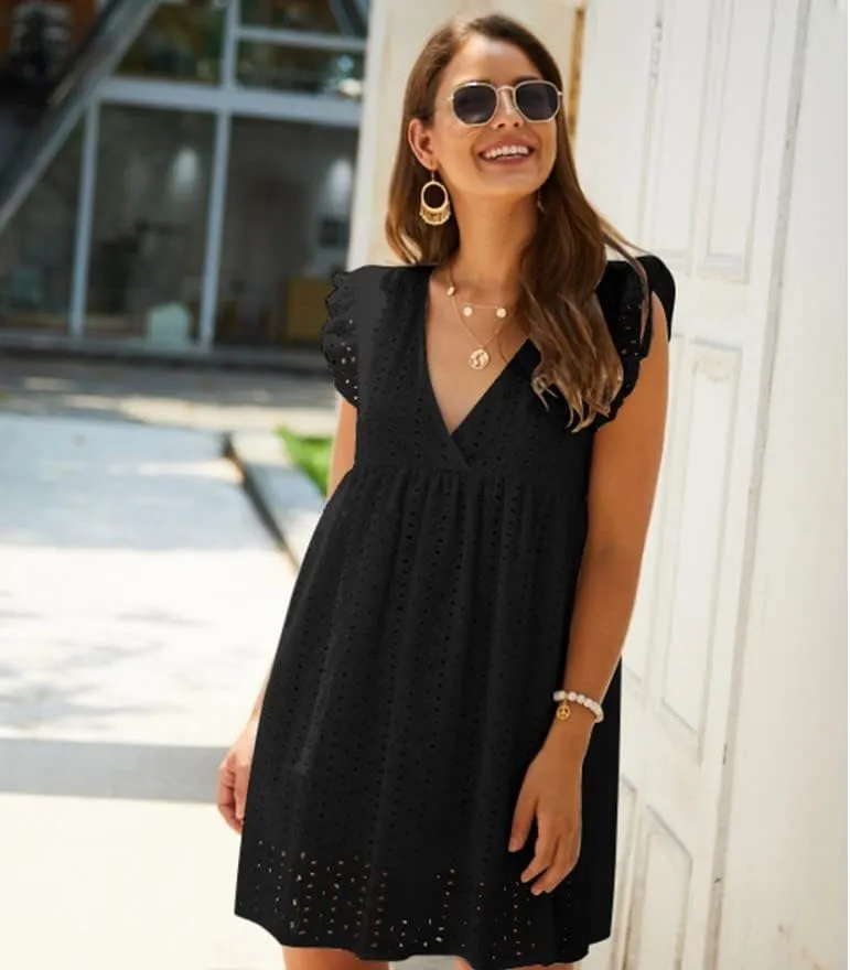 Women's Summer Dress Casual Eyelet V Neck Mini Short Dress Ruffle Sleeveless Babydoll Sundress