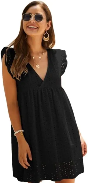 Women's Summer Dress Casual Eyelet V Neck Mini Short Dress Ruffle Sleeveless Babydoll Sundress