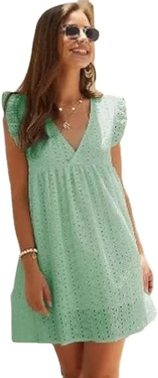 Women's Summer Dress Casual Eyelet V Neck Mini Short Dress Ruffle Sleeveless Babydoll Sundress