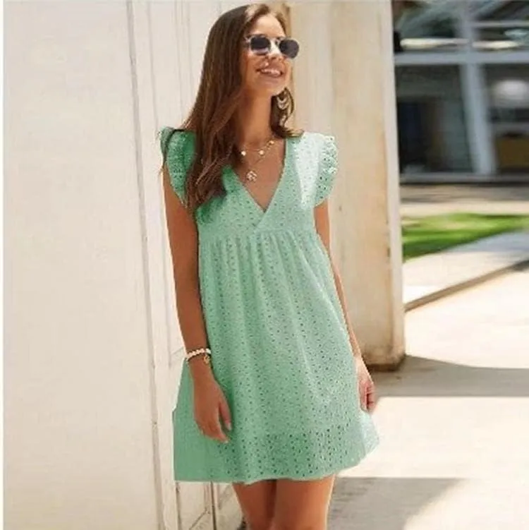 Women's Summer Dress Casual Eyelet V Neck Mini Short Dress Ruffle Sleeveless Babydoll Sundress