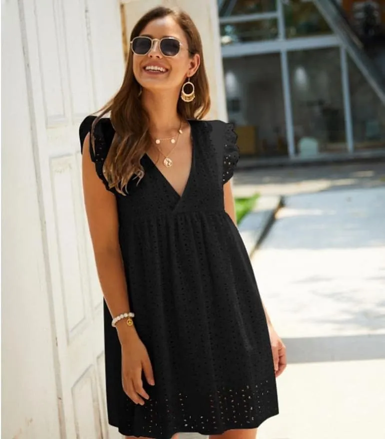 Women's Summer Dress Casual Eyelet V Neck Mini Short Dress Ruffle Sleeveless Babydoll Sundress