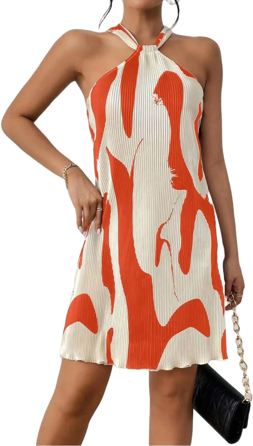 Women's Summer Dress Printed Halter Neck Mini Casual Pleated Sundress Party Date Outfit
